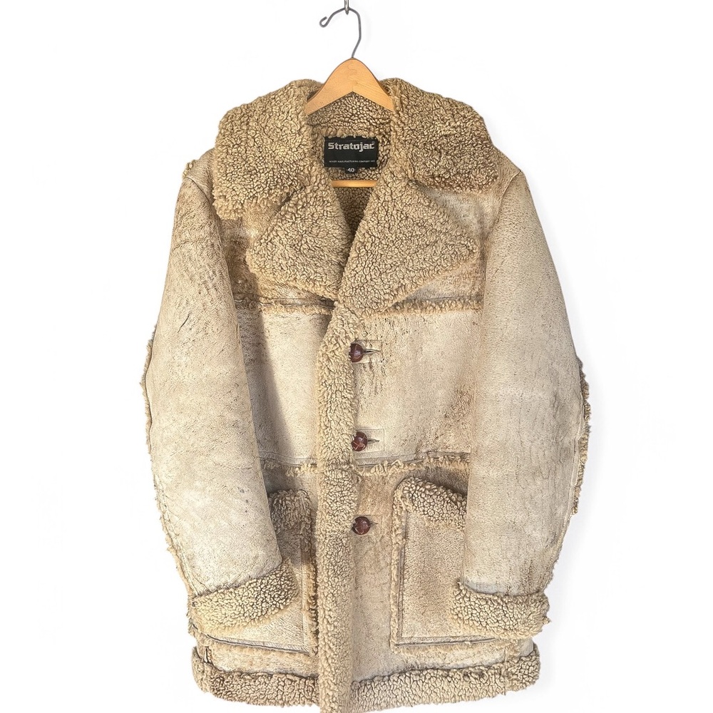 Sheepskin Shearling Jacket Oatmeal Tan Size 40 Stratojac Heavy VTG Exquisite